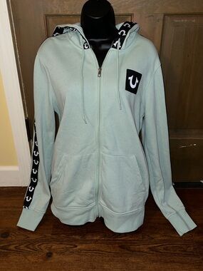 True Religion Y2K Seafoam Green Horseshoe Tape Logo Black Zip Up Hoodie Size M
